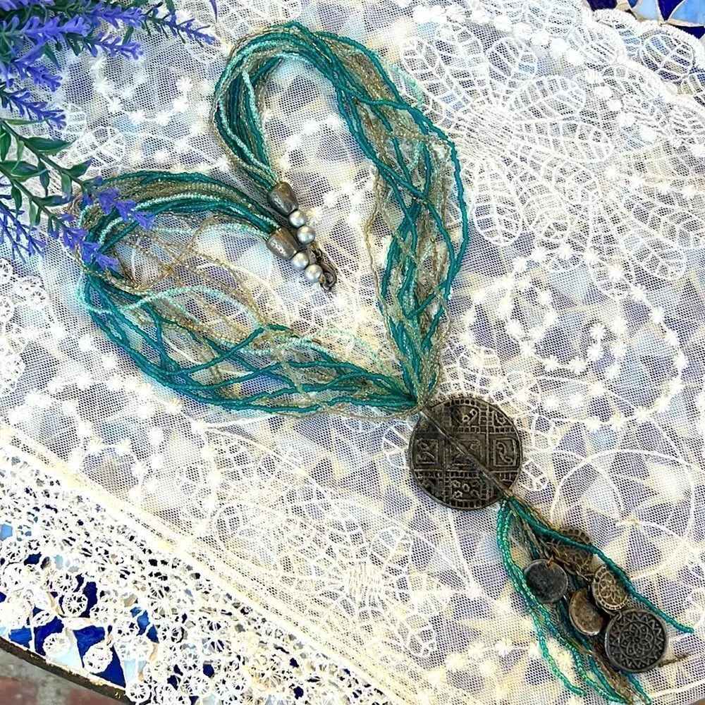 Vintage Pewter Medallion Seed Bead Necklace - Picture 2 of 8
